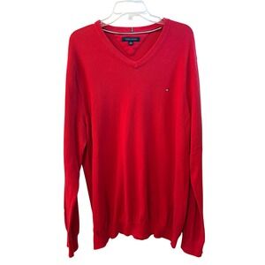 Tommy Hilfiger Mens XXL Red 100% Cotton V-Neck Pullover Sweater Logo Knit